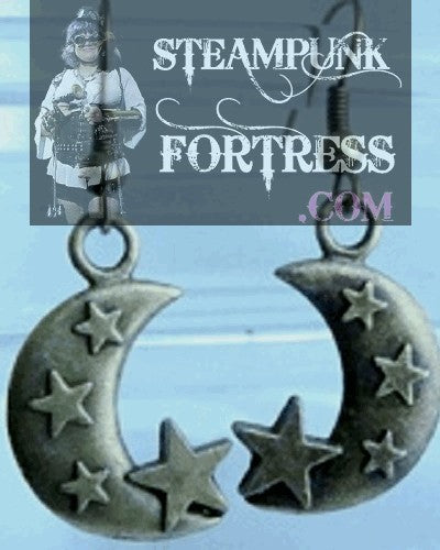 BRASS HALF MOON STAMPED STARS PIERCED EARRINGS STARR WILDE STEAMPUNK FORTRESS