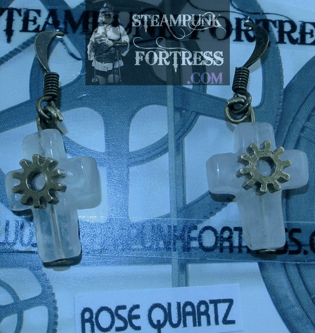 BRASS QUARTZ ROSE CROSS BRASS GEAR GEMSTONES STONES PIERCED EARRINGS SET AVAILABLE STARR WILDE STEAMPUNK FORTRESS