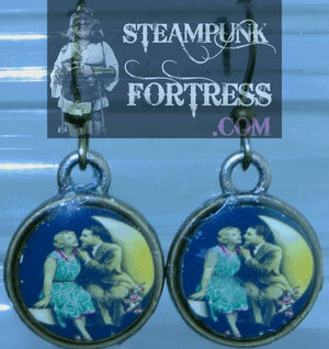 BRASS ROUND VINTAGE LADIES COUPLE IN MOON COLOR PIERCED EARRINGS SET AVAILABLE STARR WILDE STEAMPUNK FORTRESS