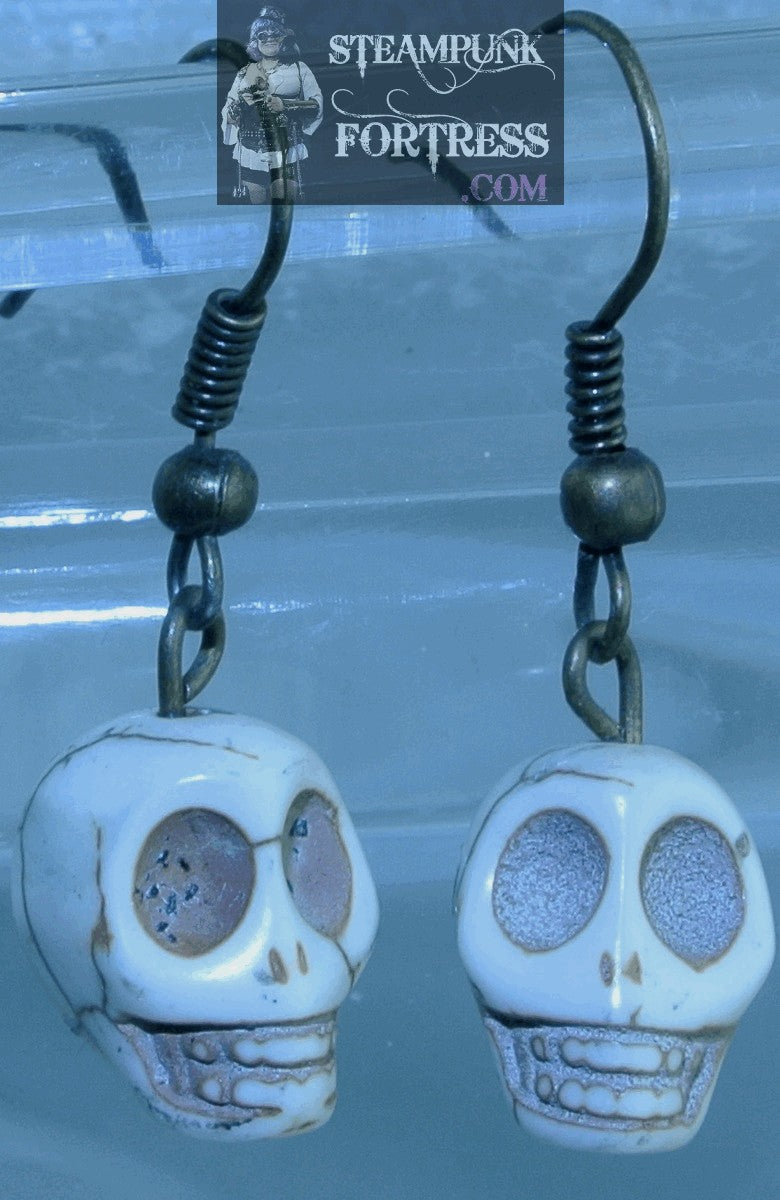 BRASS SKULLS HOWLITE GEMSTONE PIRATE HALLOWEEN PIERCED EARRINGS STARR WILDE STEAMPUNK FORTRESS