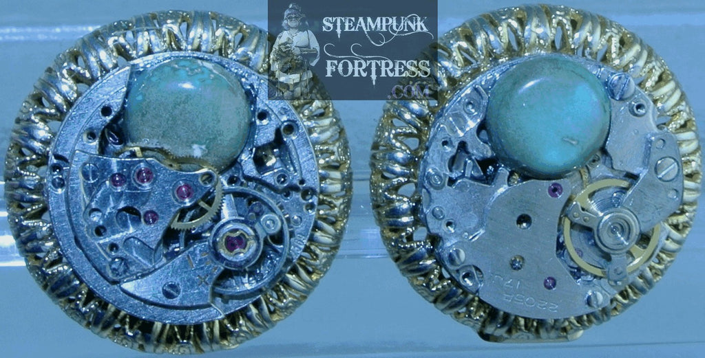 CLIPS GOLD SILVER MOVEMENT COMPLETE AUTHENTIC GENUINE WATCH CLOCK SIGNED ALICE CAVINESS FILIGREE EDGE TURQUOISE GEMSTONES CLIP ON EARRINGS STARR WILDE STEAMPUNK FORTRESS