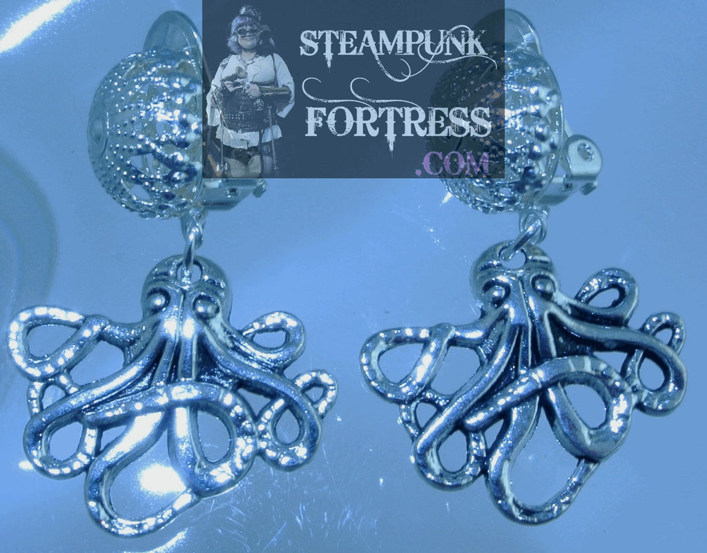 CLIPS SILVER OCTOPUS MEDIUM FILIGREE CLIP ON EARRINGS ARIEL UNDER THE SEA COSPLAY COSTUME HALLOWEEN STARR WILDE STEAMPUNK FORTRESS