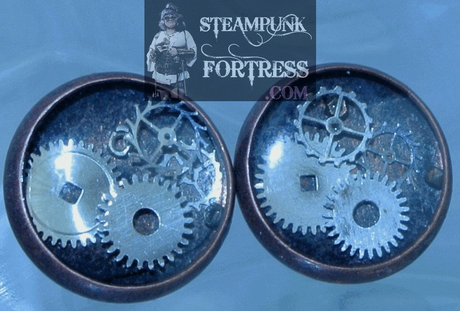 COPPER 15MM SILVER SOLID OPEN GEARS AUTHENTIC GENUINE WATCH CLOCK STUDS PIERCED EARRINGS STARR WILDE STEAMPUNK FORTRESS