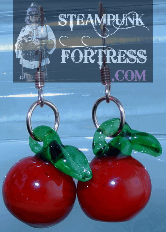 COPPER BRIGHT APPLES LAMPWORK GLASS RED PIERCED EARRINGS TEACHERS GIFT STARR WILDE STEAMPUNK FORTRESS