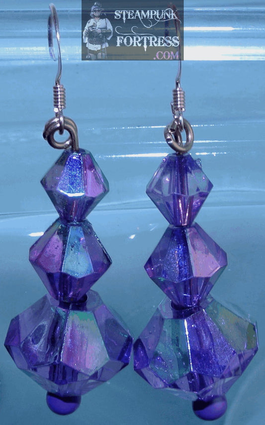 COPPER BRIGHT PURPLE 3 GRADUATED FACETED BICONES AB AURORA BOREALIS CRYSTALS PIERCED EARRINGS STARR WILDE STEAMPUNK FORTRESS