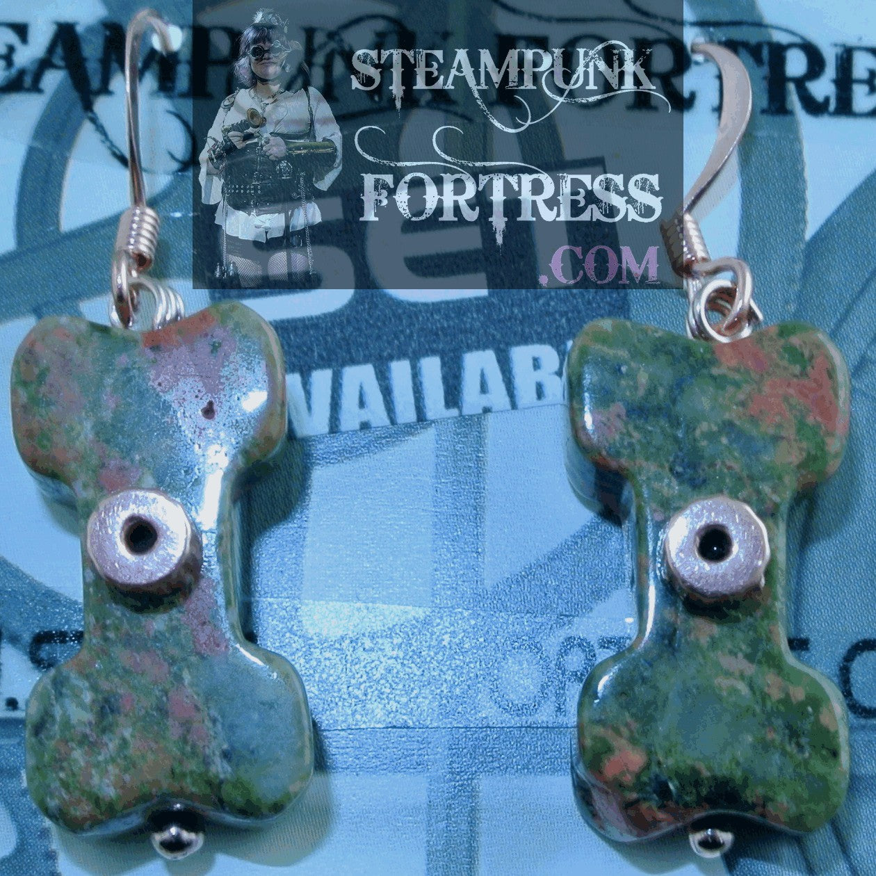 COPPER BRIGHT UNAKITE DOG BONE GEMSTONE GEAR PIERCED EARRINGS SET AVAILABLE STARR WILDE STEAMPUNK FORTRESS