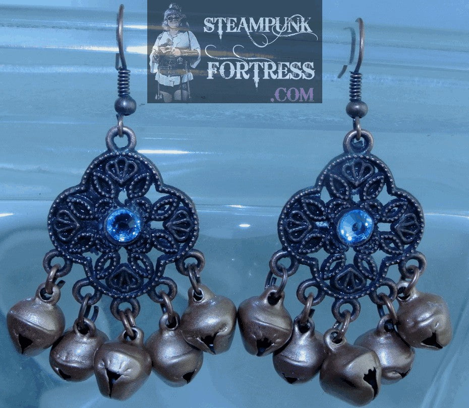 COPPER FILIGREE DROP BLUE SWAROVSKI CRYSTALS LARGE COPPER BELLS PIERCED EARRINGS BELLY DANCER GYPSY HALLOWEEN STARR WILDE STEAMPUNK FORTRESS