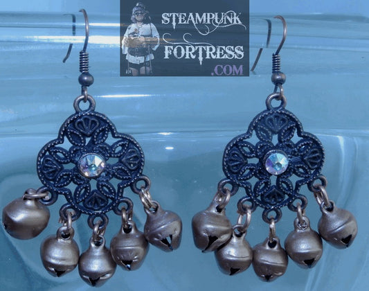 COPPER FILIGREE DROP CLEAR AB AURORA BOREALIS SWAROVSKI CRYSTALS LARGE COPPER BELLS PIERCED EARRINGS BELLY DANCER GYPSY HALLOWEEN STARR WILDE STEAMPUNK FORTRESS