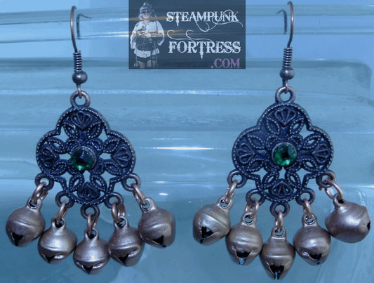 COPPER FILIGREE DROP GREEN SWAROVSKI CRYSTALS LARGE BELLS PIERCED EARRINGS BELLY DANCER GYPSY HALLOWEEN STARR WILDE STEAMPUNK FORTRESS