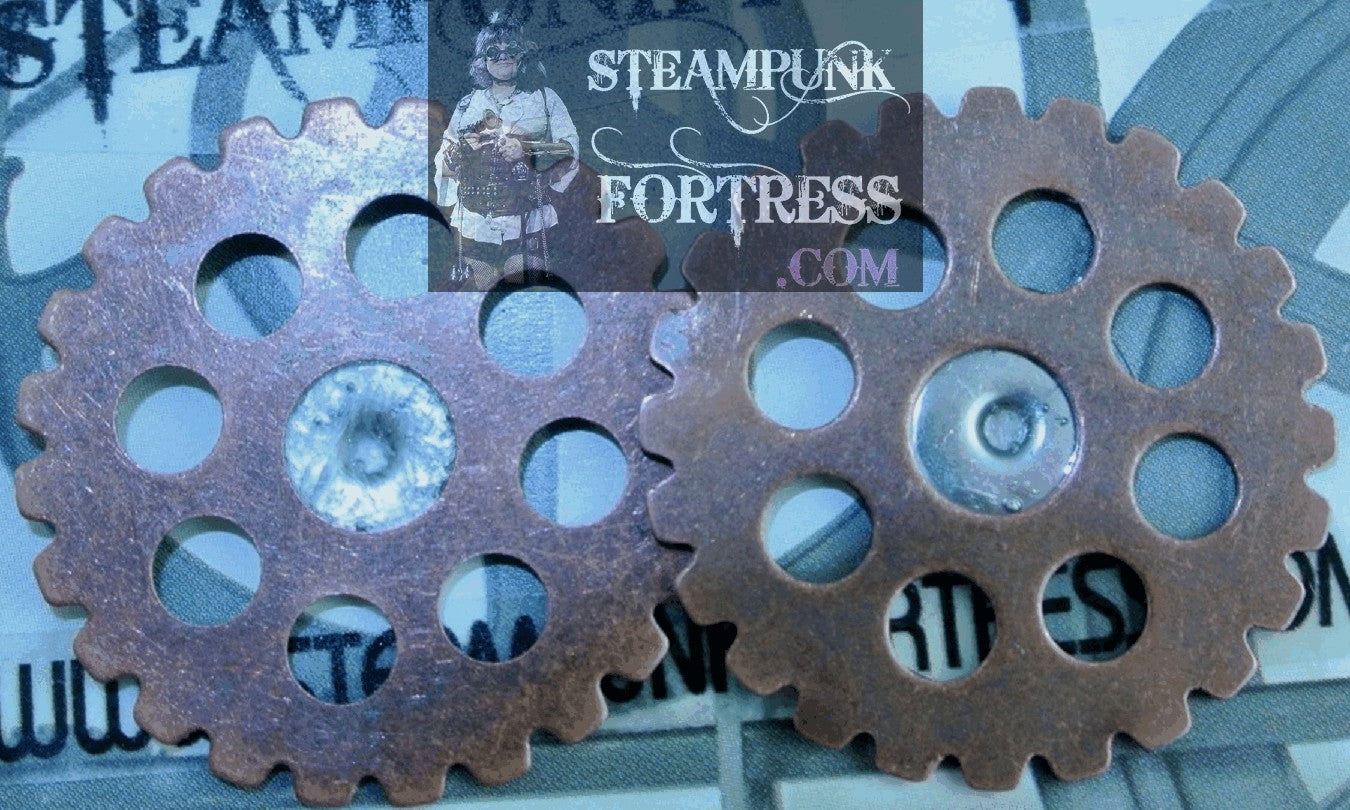 COPPER GEARS ROUND LARGE STUDS PIERCED EARRINGS WATCH CLOCK STARR WILDE STEAMPUNK FORTRESS