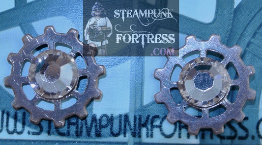 COPPER GEARS SPOKE 7MM LIGHT PEACH SWAROVSKI CRYSTALS STUDS PIERCED EARRINGS WATCH CLOCK STARR WILDE STEAMPUNK FORTRESS