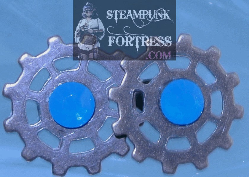 COPPER GEARS SPOKE 5MM BLUE MILKY SWAROVSKI CRYSTALS STUDS PIERCED EARRINGS WATCH CLOCK STARR WILDE STEAMPUNK FORTRESS