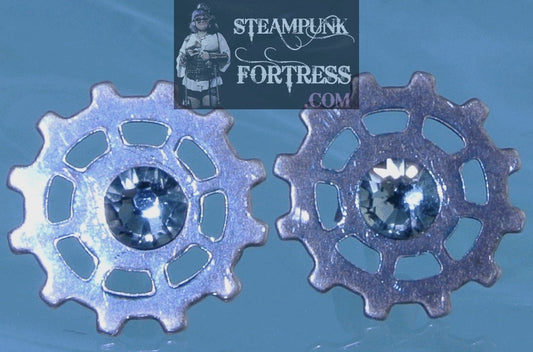 COPPER GEARS SPOKE 5MM GREIGE GREY GRAY SILVER SWAROVSKI CRYSTALS STUDS PIERCED EARRINGS WATCH CLOCK STARR WILDE STEAMPUNK FORTRESS