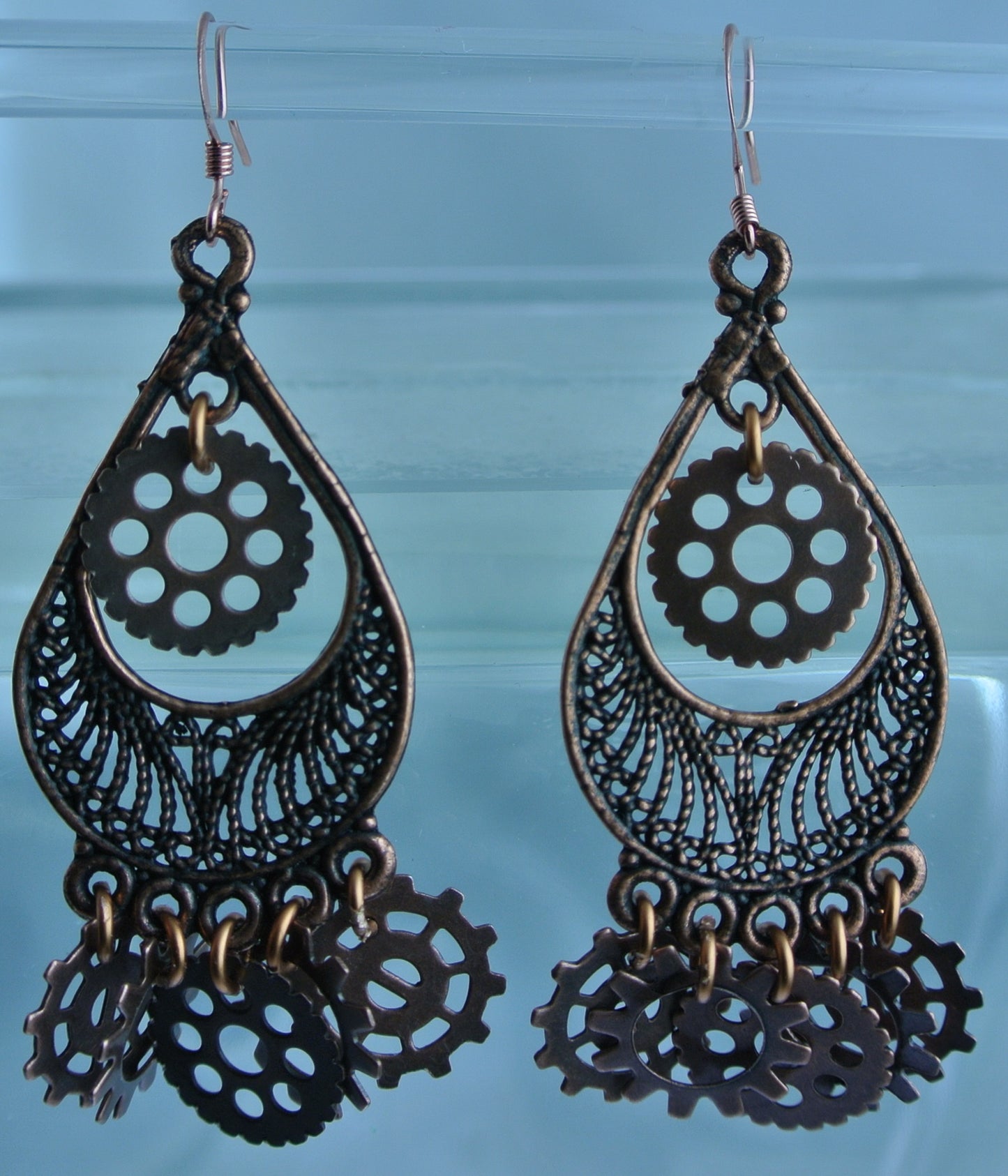 COPPER TEARDROP FILIGREE 6 GEARS PIERCED EARRINGS WATCH CLOCK STARR WILDE STEAMPUNK FORTRESS 