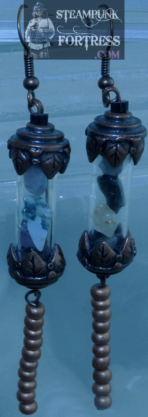 COPPER VIAL SCROLL GLASS MIXED GEMSTONES COPPER SEED BEADS PIERCED EARRINGS STARR WILDE STEAMPUNK FORTRESS