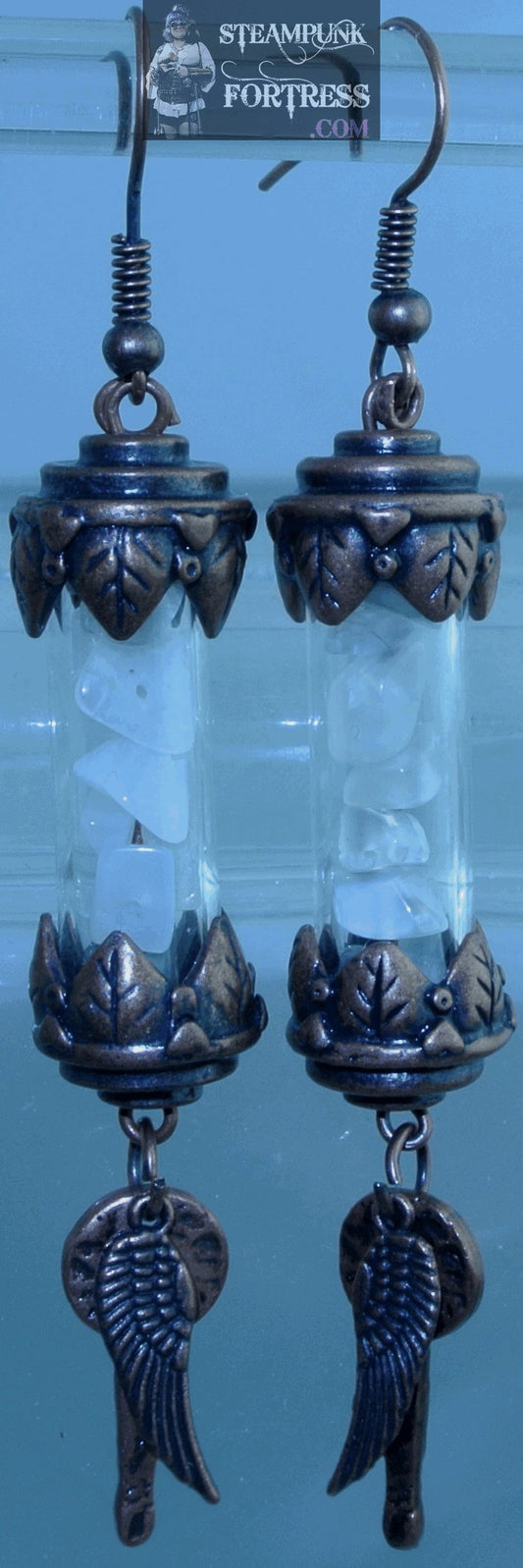 COPPER VIAL SCROLL GLASS MOONSTONE GEMSTONES COPPER WINGS KEYS PIERCED EARRINGS STARR WILDE STEAMPUNK FORTRESS