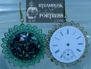 GOLD 2 SIDED PORCELAIN DIAL FACE AUTHENTIC GENUINE WATCH CLOCK SIDES GREEN OPALESCENT FLOWER PIERCED EARRINGS REVERSIBLE STARR WILDE STEAMPUNK FORTRESS