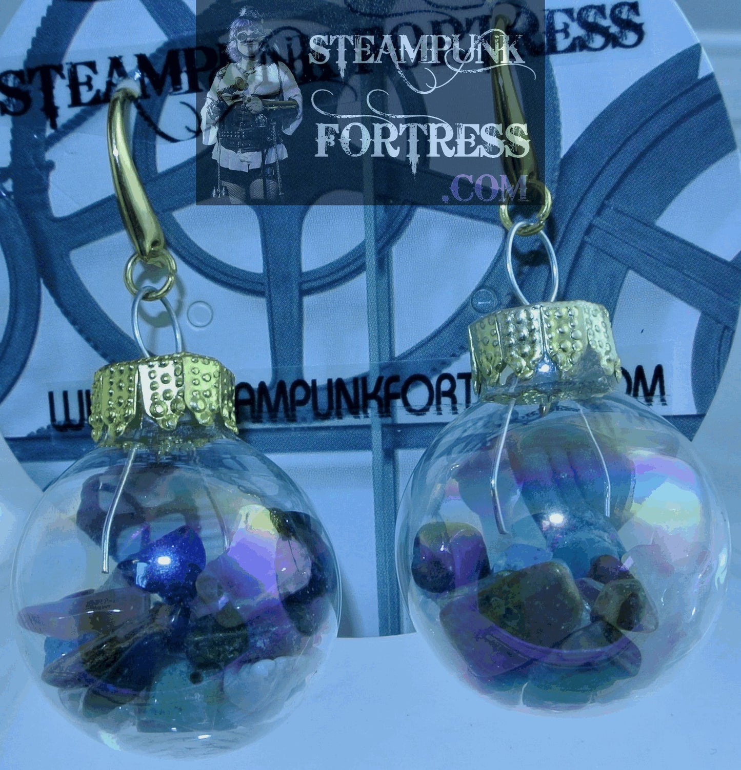 GOLD CHIRSTMAS ORNAMENT GLOBE MIXED GEMSTONES PIERCED EARRINGS GLASS VIAL STARR WILDE STEAMPUNK FORTRESS 