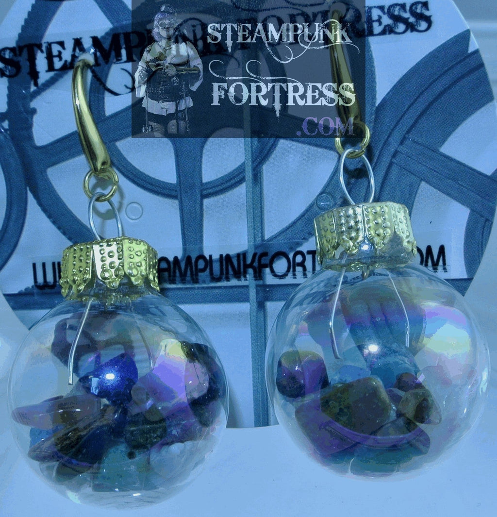 GOLD CHIRSTMAS ORNAMENT GLOBE MIXED GEMSTONES PIERCED EARRINGS GLASS VIAL STARR WILDE STEAMPUNK FORTRESS DUPLICATE