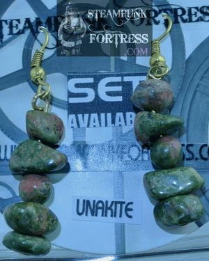 GOLD UNAKITE 4 GEMSTONES STONES CHIPS 1 ROUND PIERCED EARRINGS SET AVAILABLE STARR WILDE STEAMPUNK FORTRESS