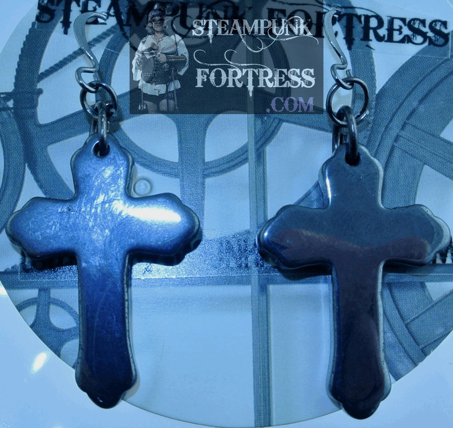 GUNMETAL CROSS HEMALYKE PIERCED EARRINGS STARR WILDE STEAMPUNK FORTRESS 