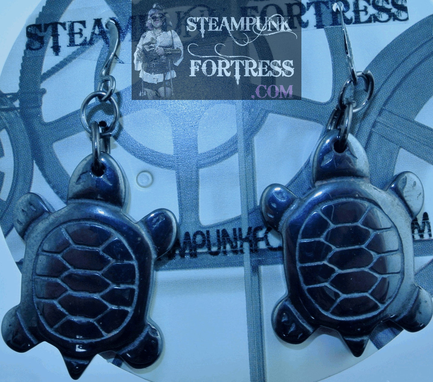 GUNMETAL TURTLES HEMALYKE GEMSTONES HEMATITE PIERCED EARRINGS SET AVAILABLE STARR WILDE STEAMPUNK FORTRESS