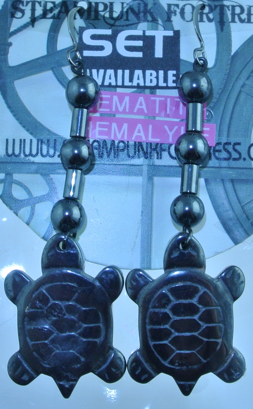 GUNMETAL TURTLE HEMALYKE GEMSTONE HEMATITE BEADS GUNMETAL PIERCED EARRINGS SET AVAILABLE STARR WILDE STEAMPUNK FORTRESS