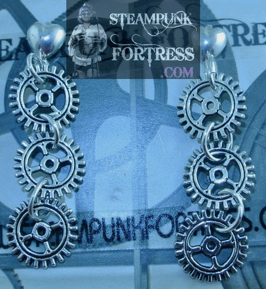 SILVER GEARS 4 ARMS 3 DROP HEART STUDS PIERCED EARRINGS WATCH CLOCK STARR WILDE STEAMPUNK FORTRESS