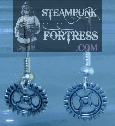 SILVER GEARS 4 ARM DROP PIERCED EARRINGS WATCH CLOCK STARR WILDE STEAMPUNK FORTRESS