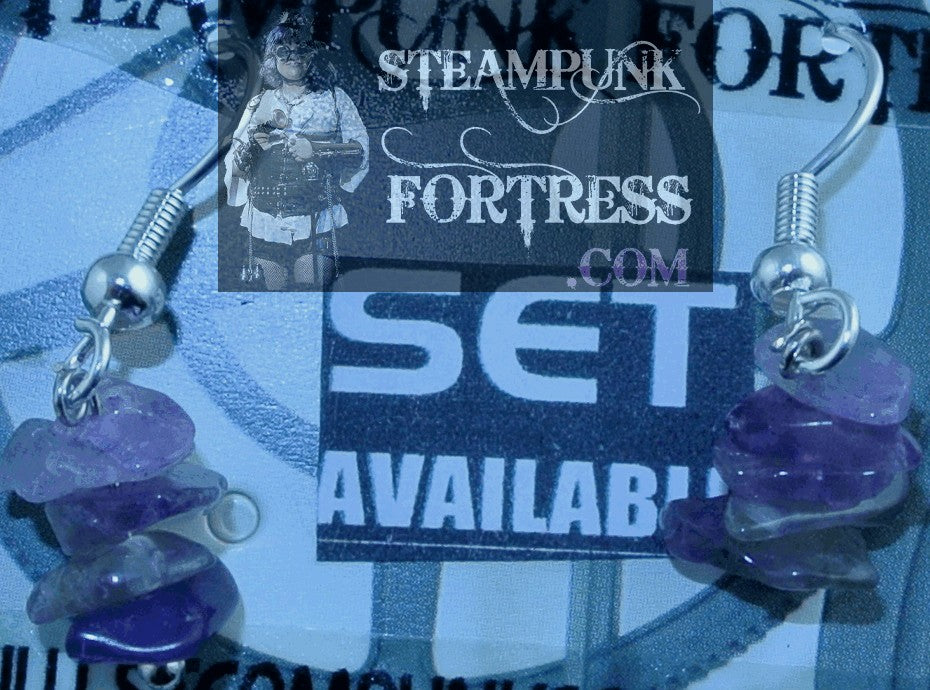 SILVER AMETHYST 5 GEMSTONES STONES CHIPS PIERCED EARRINGS SET AVAILABLE STARR WILDE STEAMPUNK FORTRESS