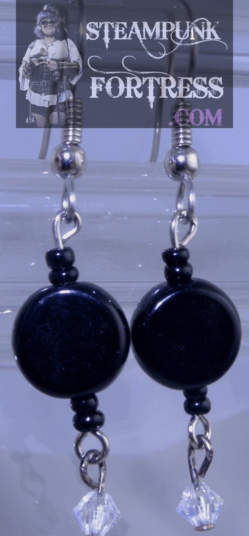 SILVER BLACK ROUND BEAD CLEAR SWAROVSKI CRYSTALS PIERCED EARRINGS SET AVAILABLE STARR WILDE STEAMPUNK FORTRESS 