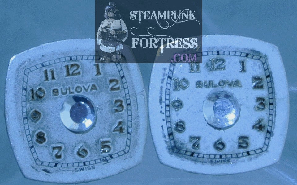 SILVER BULOVA WHITE AUTHENTIC GENUINE CLOCK FACE WATCH DIAL CLEAR SWAROVSKI CRYSTALS STUDS PIERCED EARRINGS STARR WILDE STEAMPUNK FORTRESS 