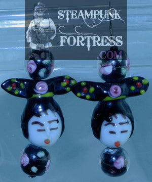 SILVER CHINESE LADY FACE GEISHA BLACK PINK ROSES LAMPWORK GLASS PIERCED EARRINGS STARR WILDE STEAMPUNK FORTRESS