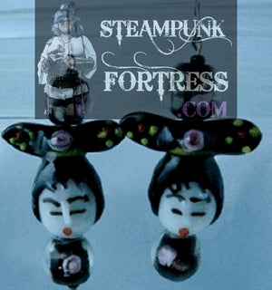 SILVER CHINESE LADY FACE GEISHA BLACK PINK ROSES LAMPWORK GLASS PIERCED EARRINGS STARR WILDE STEAMPUNK FORTRESS