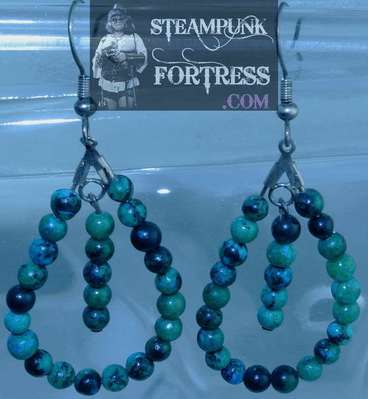 SILVER CHRYSOCOLLA GEMSTONES ROUNDS GREEN OVAL DROP DANGLE PIERCED EARRINGS STARR WILDE STEAMPUNK FORTRESS