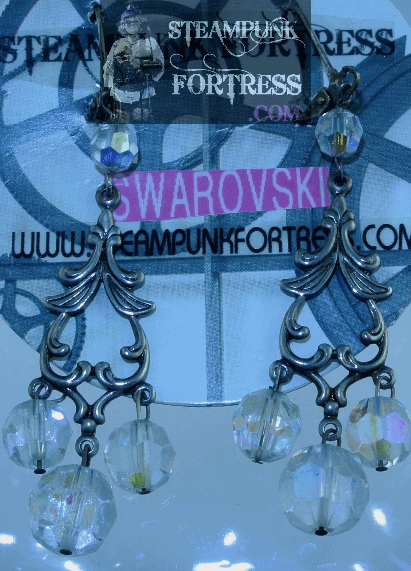 SILVER FOCAL DROP 3 CLEAR SWAROVSKI CRYSTALS LEVERBACK PIERCED EARRINGS STARR WILDE STEAMPUNK FORTRESS