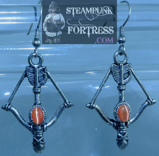 SILVER CROSSBOW CATS EYE GEMSTONE ORANGE PIERCED EARRINGS GAME OF THRONES STARR WILDE STEAMPUNK FORTRESS