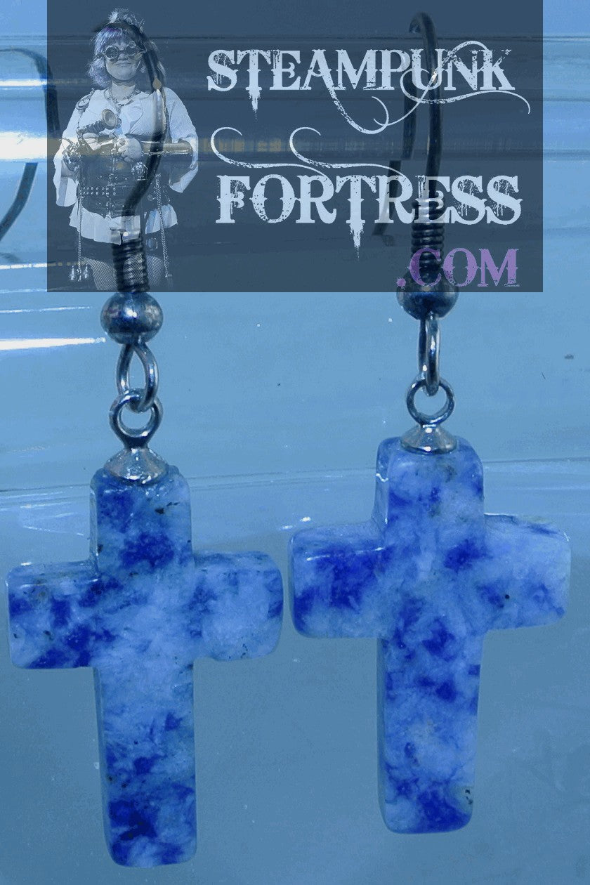 SILVER CROSS SODALITE GEMSTONES PIERCED EARRINGS STARR WILDE STEAMPUNK FORTRESS