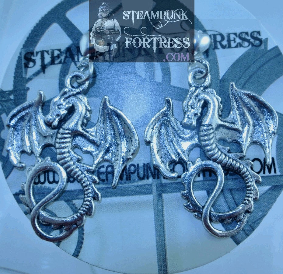 SILVER DRAGONS LARGE HEART STUDS PIERCED EARRINGS GAME OF THRONES HOBBIT COSPLAY COSTUME HALLOWEEN STARR WILDE STEAMPUNK FORTRESS