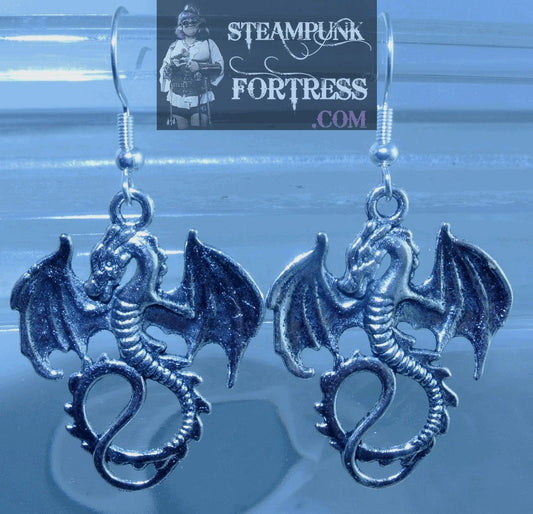 SILVER DRAGONS LARGE PIERCED EARRINGS GAME OF THRONES HOBBIT COSPLAY COSTUME HALLOWEEN STARR WILDE STEAMPUNK FORTRESS