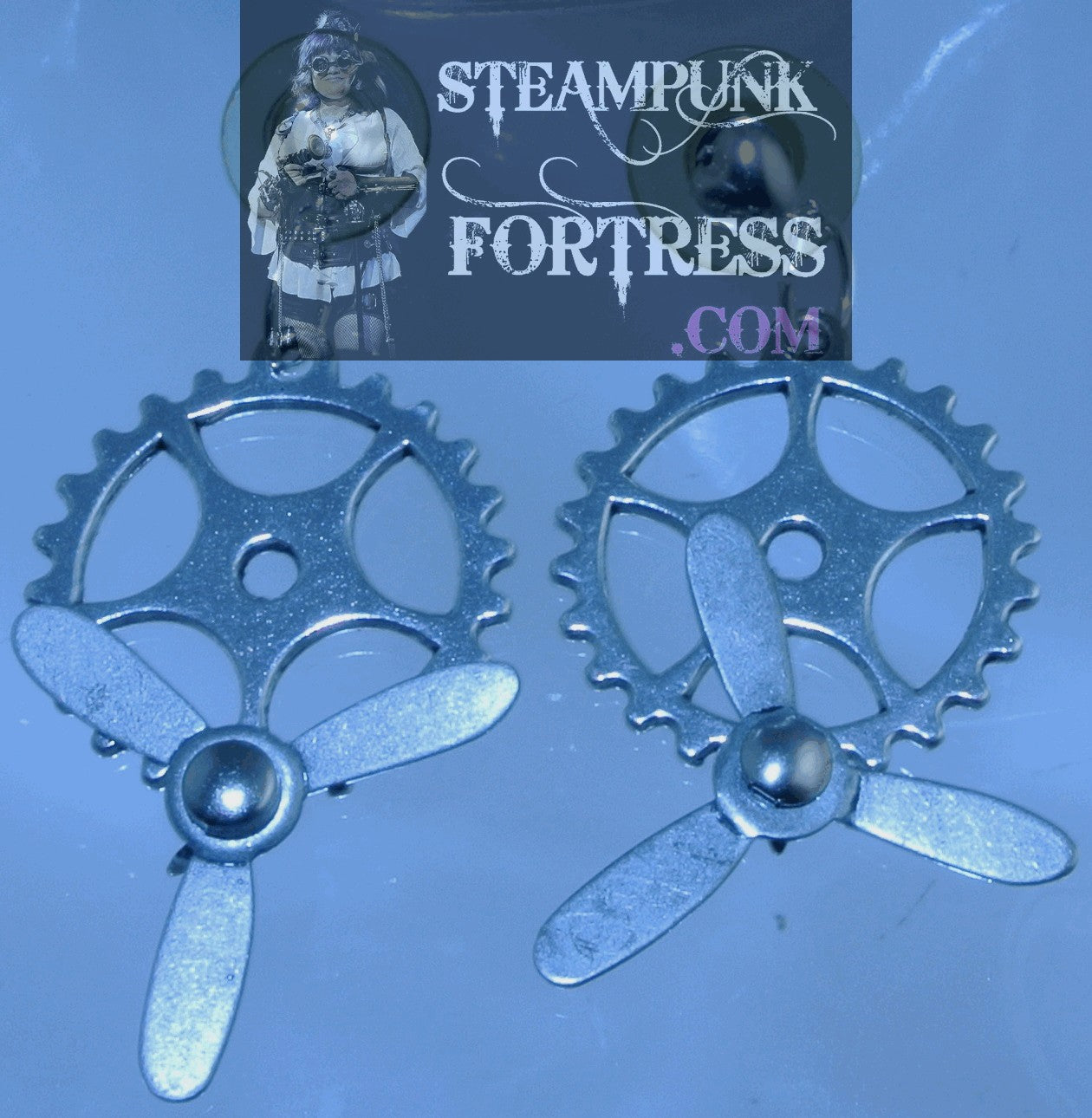 SILVER GEARS PROPELLER KINETIC SPINS SPINNING 3 ARM HEART STUDS PIERCED EARRINGS WATCH CLOCK STARR WILDE STEAMPUNK FORTRESS