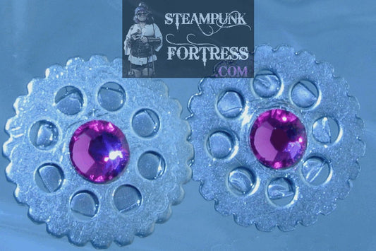 SILVER GEARS ROUND 5MM FUSCHIA PINK SWAROVSKI CRYSTALS STUDS WATCH CLOCK PIERCED EARRINGS STARR WILDE STEAMPUNK FORTRESS