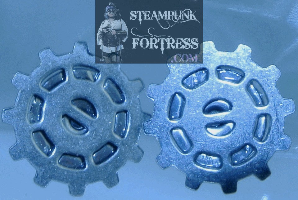 SILVER GEARS SPOKE STUDS PIERCED EARRINGS WATCH CLOCK STARR WILDE STEAMPUNK FORTRESS