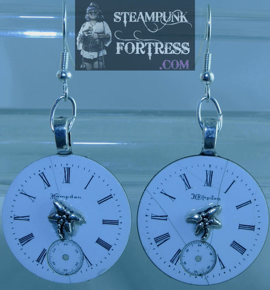 SILVER CLOCK FACE HAMPDEN PORCELAIN AUTHENTIC GENUINE DIAL WATCH FACE SILVER DRAGONFLY DRAGONFLIES PIERCED EARRINGS STARR WILDE STEAMPUNK FORTRESS