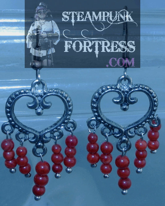 SILVER CORAL BAMBOO GEMSTONES SILVER HEART DROP DANGLES PIERCED EARRINGS STARR WILDE STEAMPUNK FORTRESS