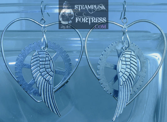 SILVER HEARTS WINGS GEARS PIERCED EARRINGS STARR WILDE STEAMPUNK FORTRESS