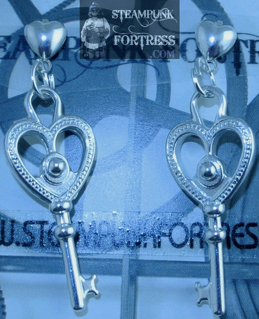 SILVER KEYS HEART SHAPED TOP HEART STUDS BRIGHT PIERCED EARRINGS STARR WILDE STEAMPUNK FORTRESS