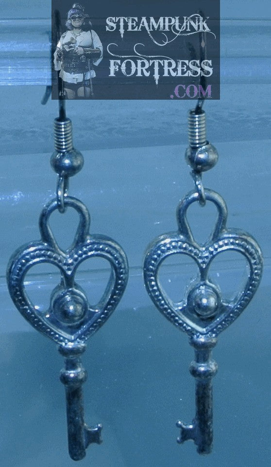 SILVER KEYS HEART TOP PIERCED EARRINGS STARR WILDE STEAMPUNK FORTRESS