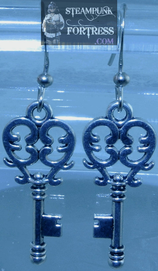 SILVER KEYS FANCY SCROLLS TOP PIERCED EARRINGS STARR WILDE STEAMPUNK FORTRESS