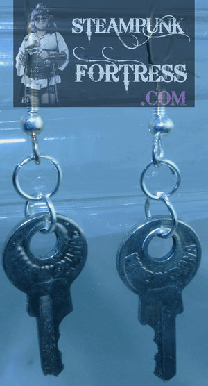 SILVER KEYS MADE IN CHINA SMALL PIERCED EARRINGS REAL AUTHENTIC GENUINE STARR WILDE STEAMPUNK FORTRESS